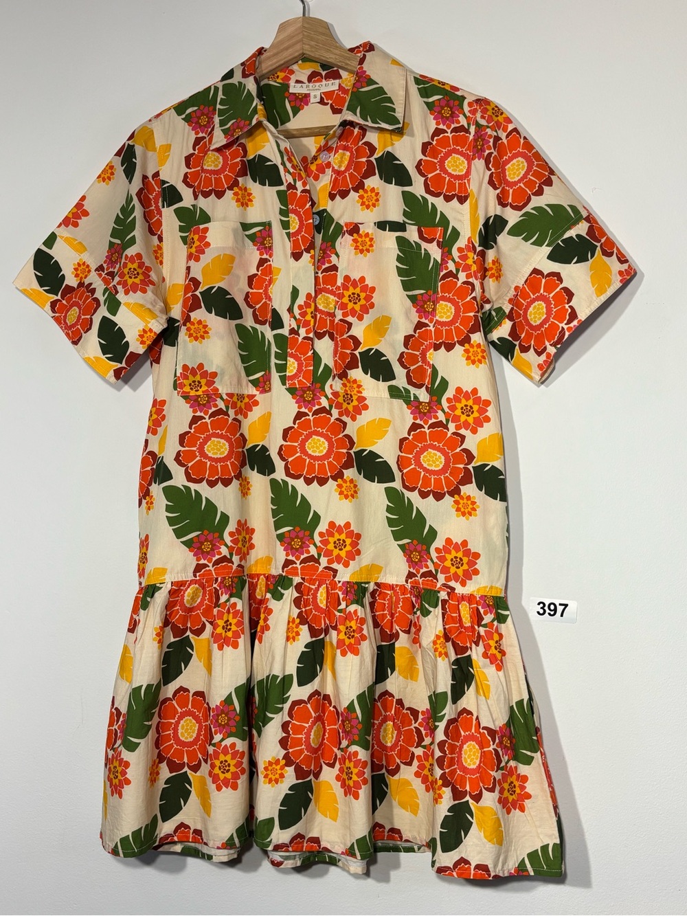 LAROQUE Floral Collared Midi Dress in Cream, Orange & Green Size S